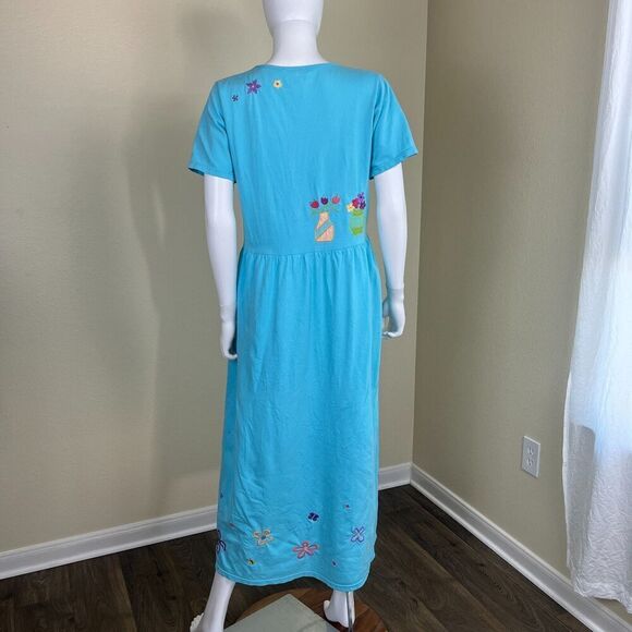 Michael Simon Lite Women's Size M Blue Cotton Floral Embroidered Maxi Dress VGT - Picture 11 of 13